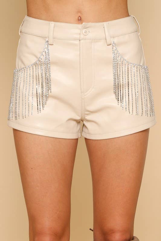 Jewel Fringe Trim Faux Leather Shorts