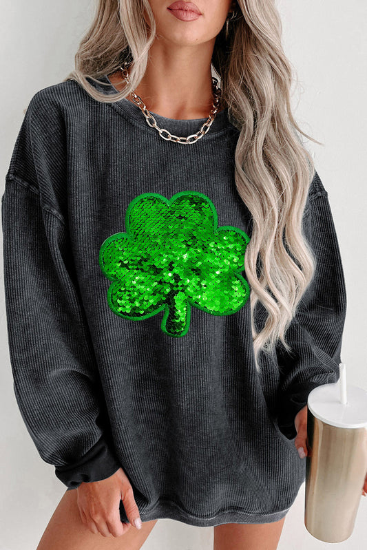 Black Sequin Embroidered Clover Corded Graphic Sweatshirt