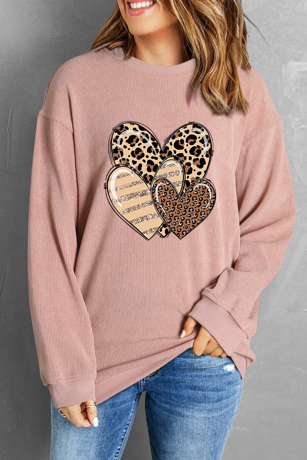 Pink Corded Leopard Heart Shape Oversized Graphic Sweatshirt