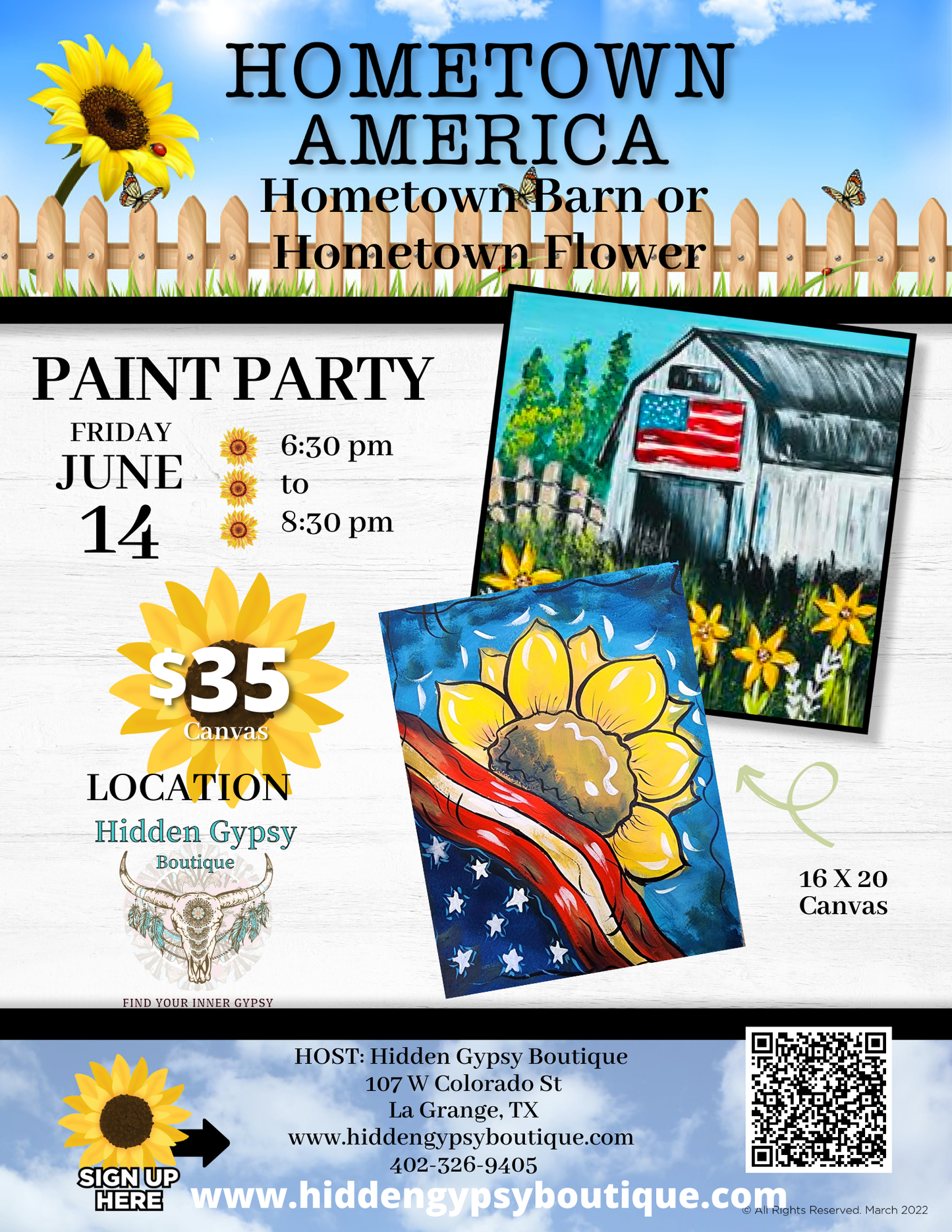 Hometown Barn or Hometown Flower Paint Party @ HIDDEN GYPSY BOUTIQUE 6/14/24