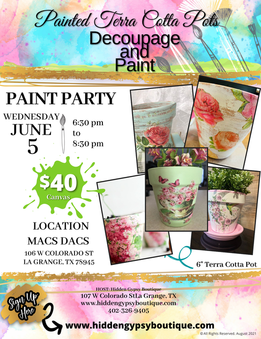 Decoupage Terra Cotta Pots Paint Party @ Macs Dacs 6/5/24