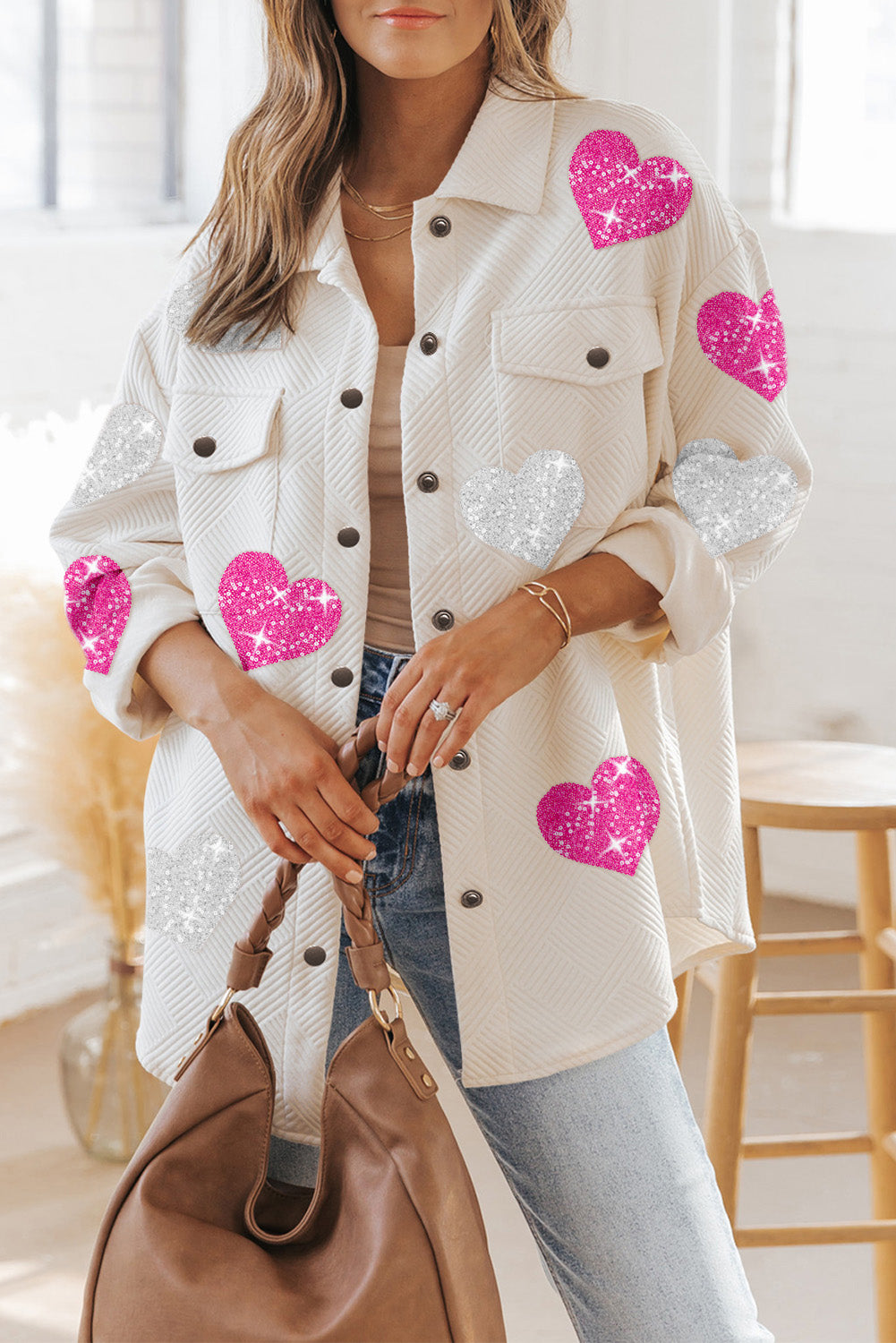 Beige Casual Textured Sequin Heart Graphic Jacket