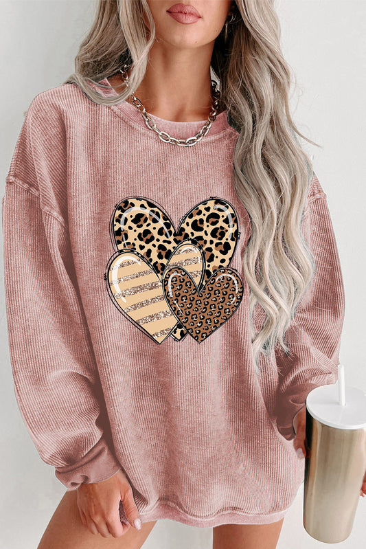 Pink Corded Leopard Heart Shape Oversized Graphic Sweatshirt