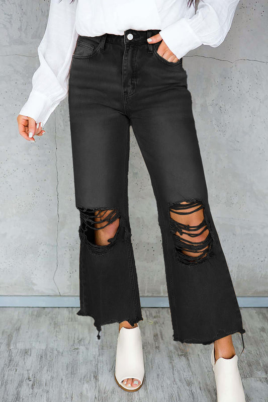 Brown Distressed Hollow-out High Waist Flare Jeans