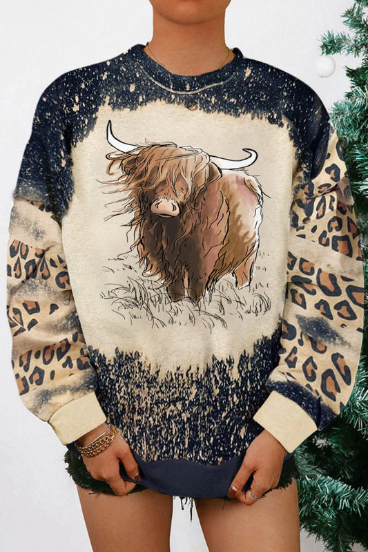 Black Heifer Leopard Bleached Graphic Sweatshirt