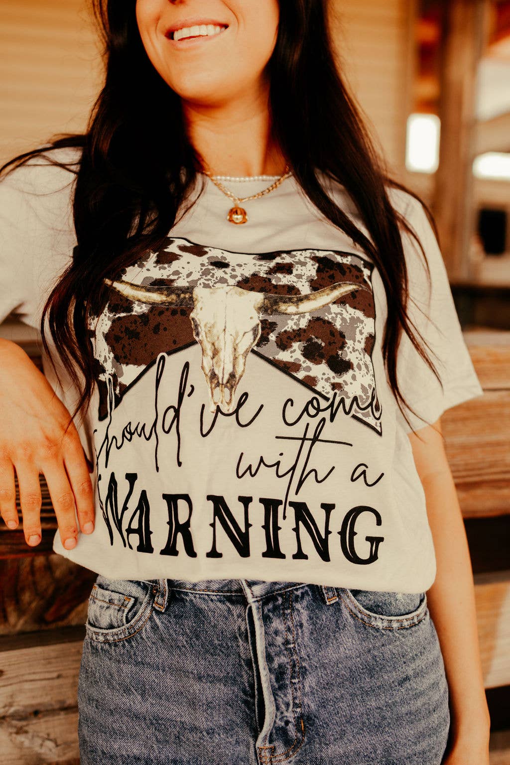 Should've come with a Warning Western Cow Skull Graphic Tee