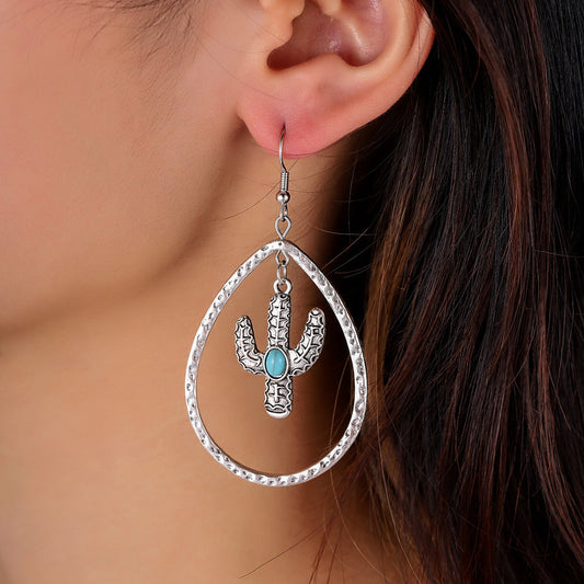 Retro Teardrop-Shaped Hollow Turquoise Cactus Drop Earrings