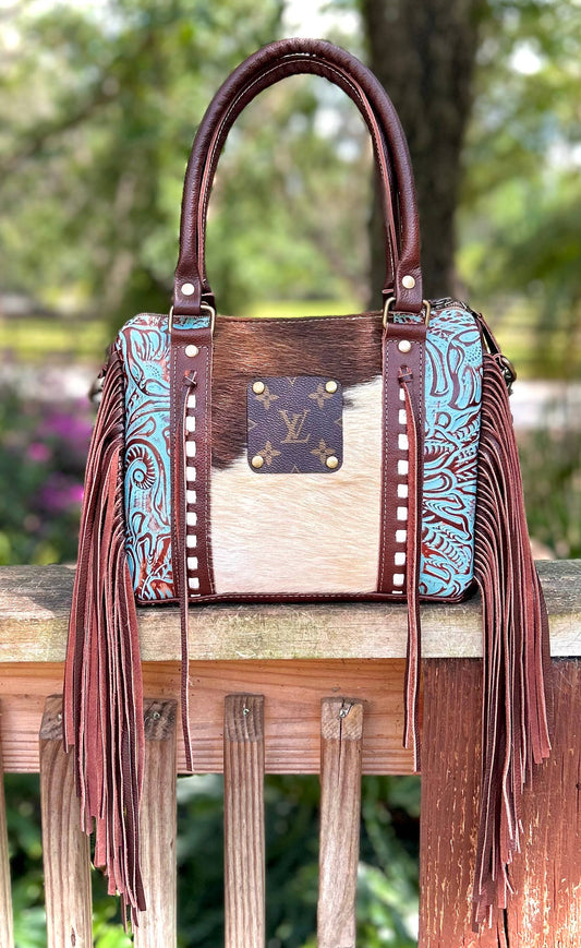 Upcycled LV Concealed Carry Cowhide Leather Fringe Crossbody